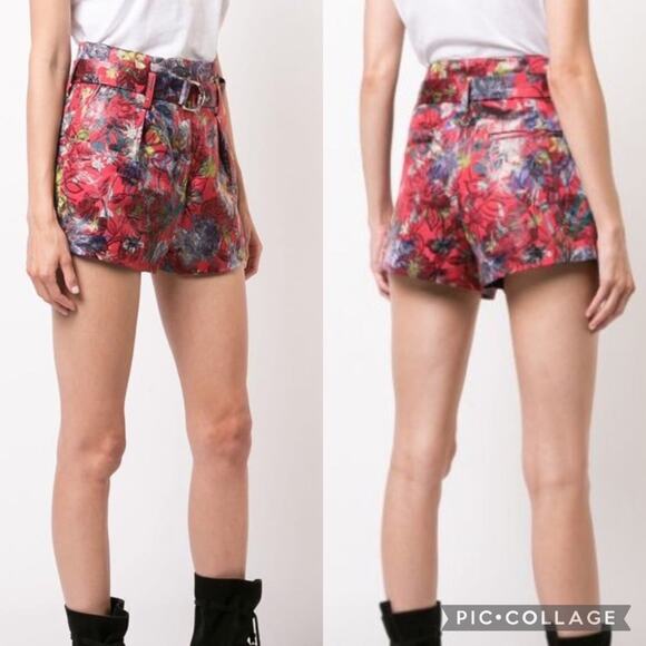 IRO Floral Belted Brocade Jacquard High-Rise Shorts Red/Multi Size 38 (6) Luxury - Picture 1 of 13